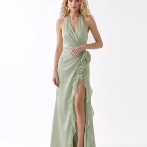 Halter Draped Rosette Slit Maxi Dress - Light Green