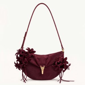 Zaria Lily Floral Faux Suede Shoulder Bag - Burgundy