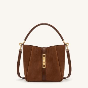 Amara Faux Suede Metal Clasp Bucket Bag - Brown