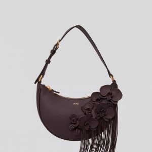Orchid Floral Fringe Shoulder Bag - Dark Brown