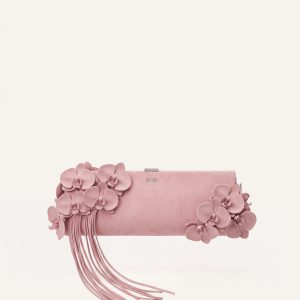 Orchid Floral Faux Suede Fringe Clutch - Blush