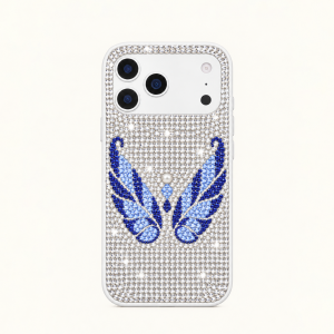 Blue Rhinestone Angel Wings Phone Case – White