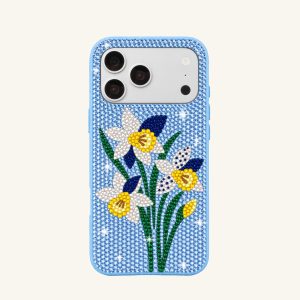Daffodil Floral Artificial Crystal Phone Case – Light Blue