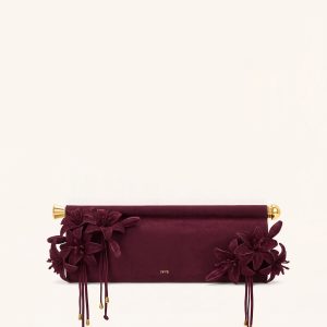 Holly Faux Suede Lily Floral Clutch - Burgundy