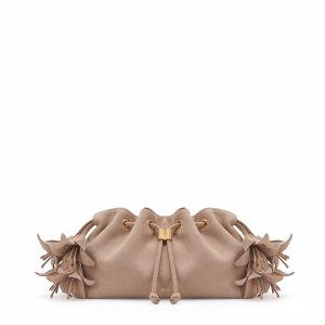 Celia Faux Suede Floral Drawstring Shoulder Bag - Taupe