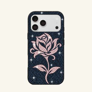 Pink Rose Artificial Crystal Phone Case – Black