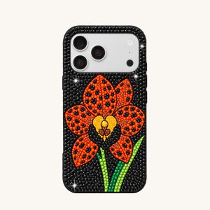 Orange Floral Artificial Crystal Phone Case – Black