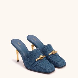 Lena Metal Rope Knot Woven Square Toe Mules - Denim Blue