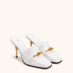 Lena Metal Rope Knot Woven Square Toe Mules - White