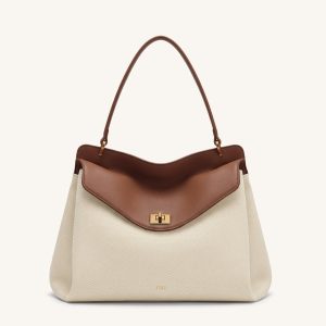 Lucia Turn-Lock Shoulder Bag - Brown Canvas