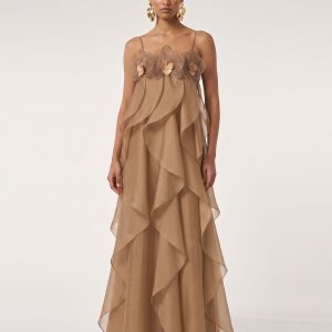 Orchid Embroidered Organza Maxi Dress - Light Brown - view 1