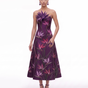 Bird of Paradise Appliqué Strapless A-Line Midi Dress - Dark Violet