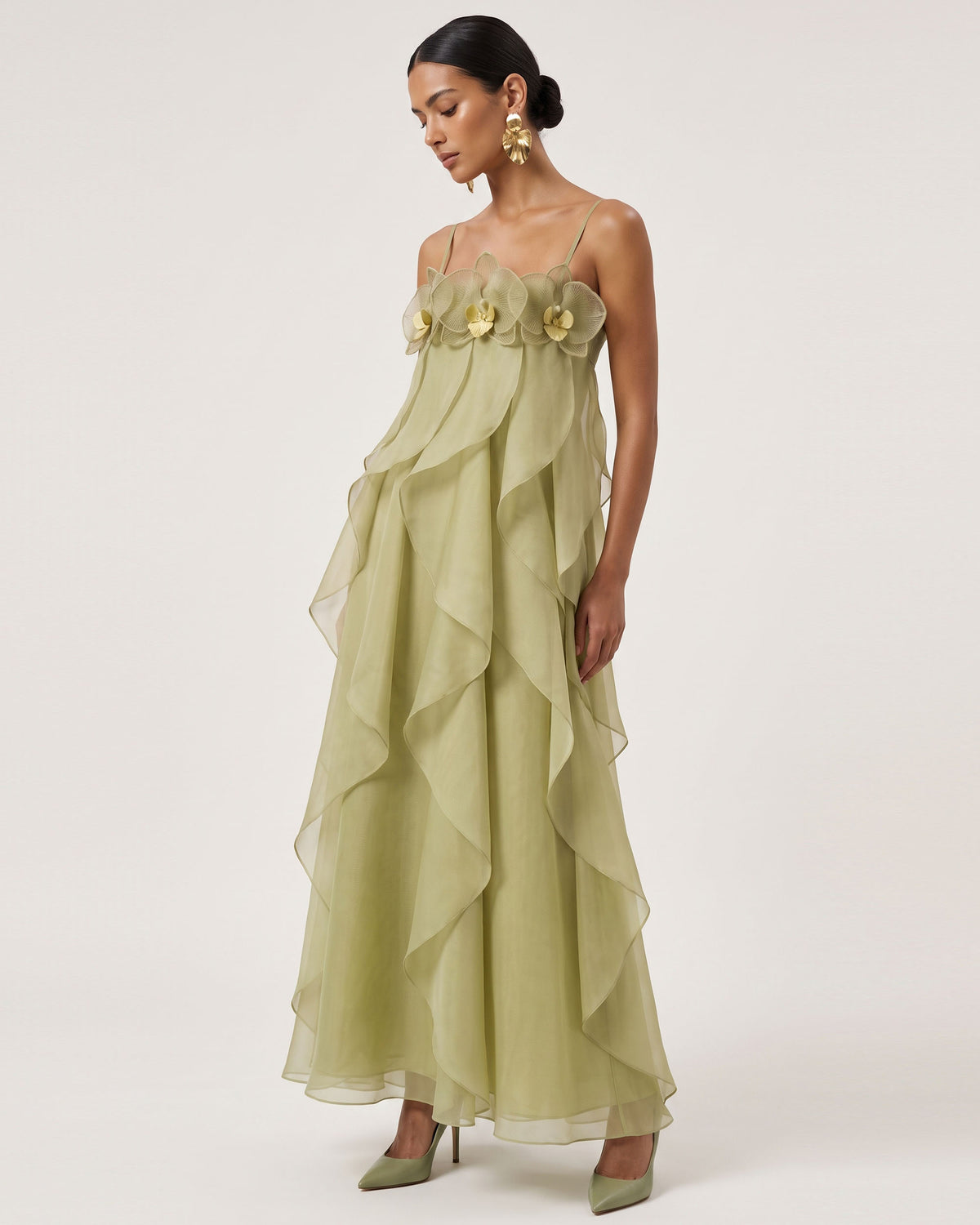 Orchid Embroidered Organza Maxi Dress - Light Green - view 2