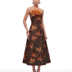 Bird of Paradise Appliqué Strapless A-Line Midi Dress - Brown