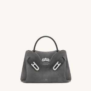 Rhea Small Faux Suede Double Buckle Shoulder Bag - Smoke Grey