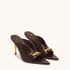 Lena Metal Rope Knot Woven Upper Mule Heels - Dark Brown