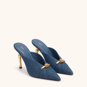 Lena Metal Rope Knot Woven Panel Mules - Denim Blue