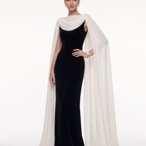 Cowl Neck Sheer Cape Maxi Gown - Black & White