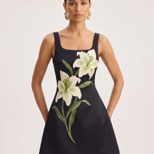 Lily Floral Print Sleeveless A-Line Mini Dress - Black - view 1