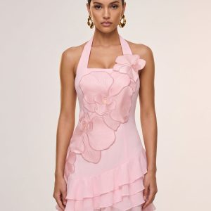 Orchid Embroidered Halter Ruffle Mini Dress - Pink - view 1