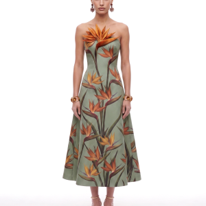 Bird of Paradise Appliqué Strapless A-Line Midi Dress - Sage Green