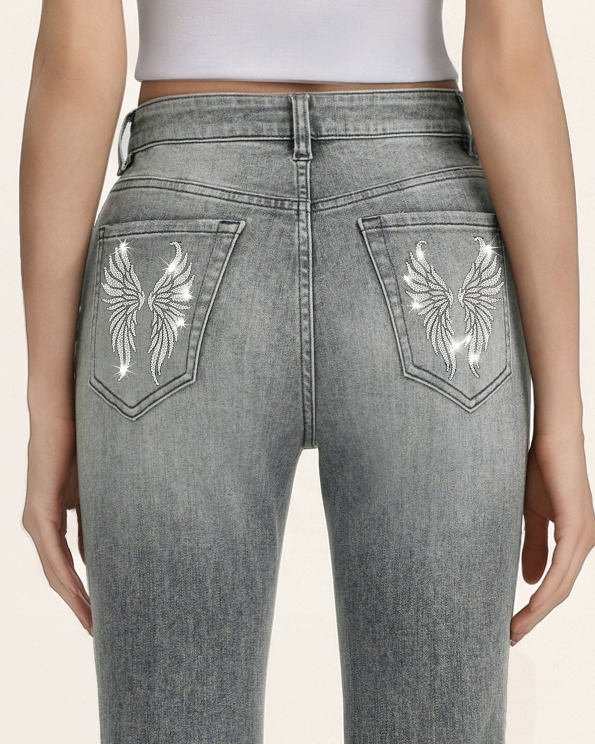 Seraphic Crystal Back Wing Bell Bottom Jeans - Smoke and Mirrors - view 3