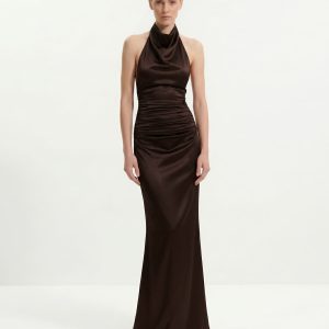 Satin Cowl Neck Ruched Maxi Gown - Dark Chocolate