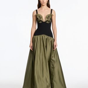 3D Floral Drop-Waist A-Line Maxi Dress - Olive Green & Black