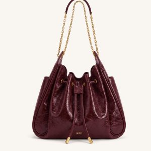 Rowan Ruched Drawstring Chain Bucket Bag - Vermilion Red