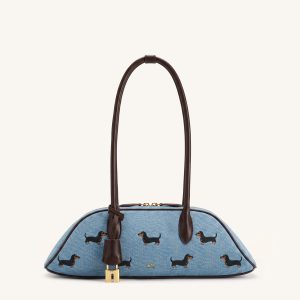 Zora Puppy Embroidery Pattern Shoulder Bag - Blue Denim