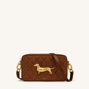 Riley Faux Suede Dachshund Quilted Shoulder Bag - Caramel Brown