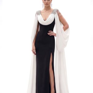 Crystal Shoulder Cape Maxi Dress - Black & Ivory - view 1