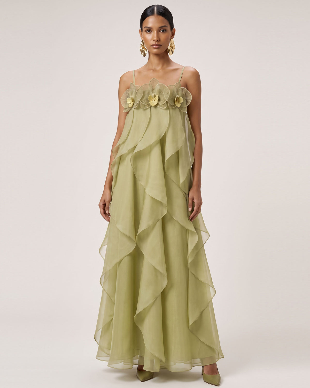 Orchid Embroidered Organza Maxi Dress - Light Green - view 1