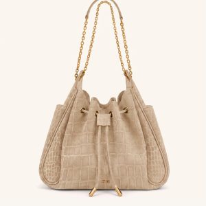 Rowan Faux Suede Drawstring Chain Bucket Bag - Camel Croc
