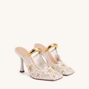 Mireille Pierced Floral Embroidered Appliqué Mesh Mules - Ivory