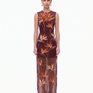 Bird of Paradise Appliqué Sheer Column Maxi Dress - Burgundy