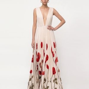 Printed Corn Poppy Plissé Plunge Maxi Dress - Ivory