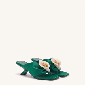 Bianca Calla Lily Ruched Toe-Post Heeled Sandals - Emerald Green