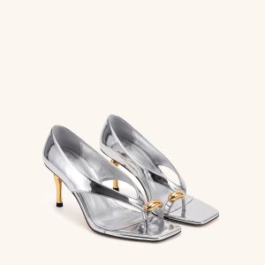 Noemi Wide Strap Square-Toe Metal Accent Sandals - Metallic Silver