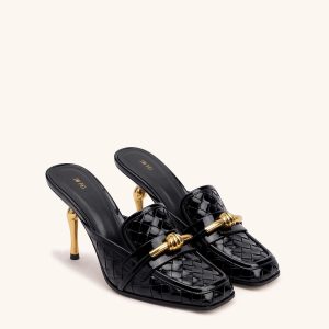 Lena Metal Rope Knot Woven Square Toe Mules - Black