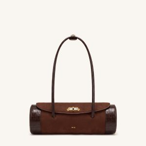 Maelis Faux Suede Croc-Trim Barrel Bag - Dark Brown - view 1