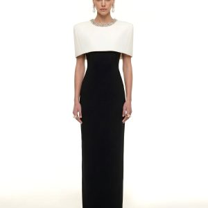 Crystal-Trim Capelet Maxi Dress - Black & Ivory
