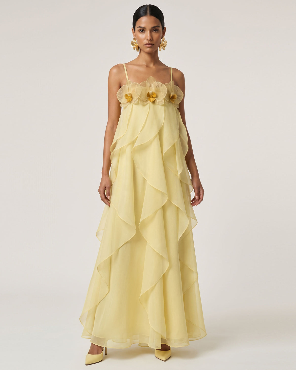 Orchid Embroidered Organza Maxi Dress - Light Yellow - view 1