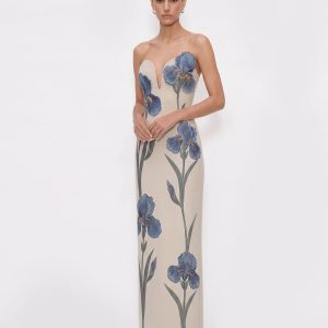 Iris Embroidered Notch Neck Strapless Maxi Dress - Light Beige