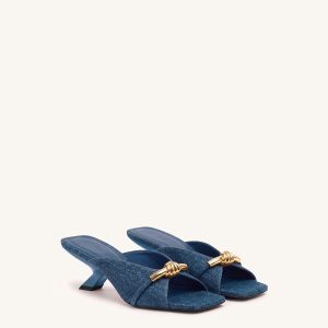 Lena Metal Rope Knot Denim Cross-Strap Heeled Sandals - Denim Blue