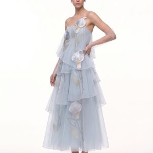 3D Embroidered Calla Lily Tiered Tulle Dress - Light Blue
