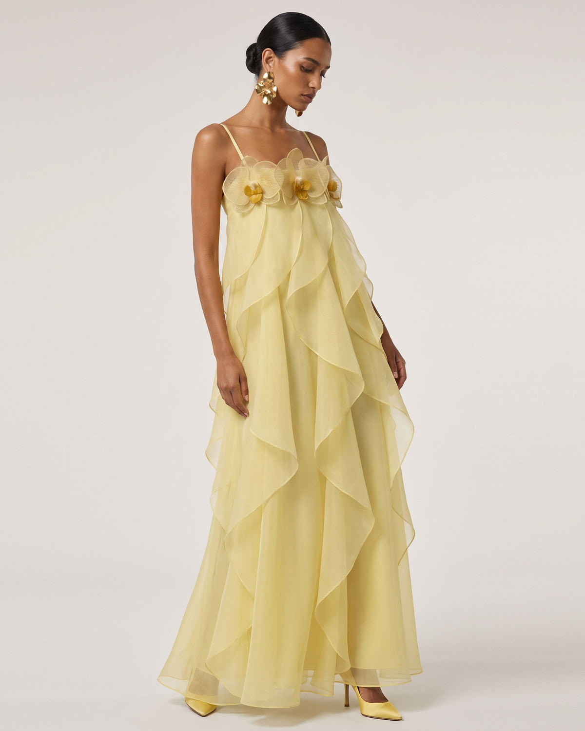 Orchid Embroidered Organza Maxi Dress - Light Yellow - view 2