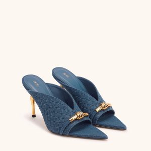 Lena Metal Rope Knot Woven Upper Mule Heels - Denim Blue