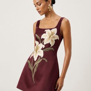Lily Floral Print Sleeveless A-Line Mini Dress - Burgundy - view 1