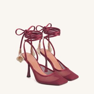 Astrid Calla Lily Lace-Up Mesh Pumps - Burgundy